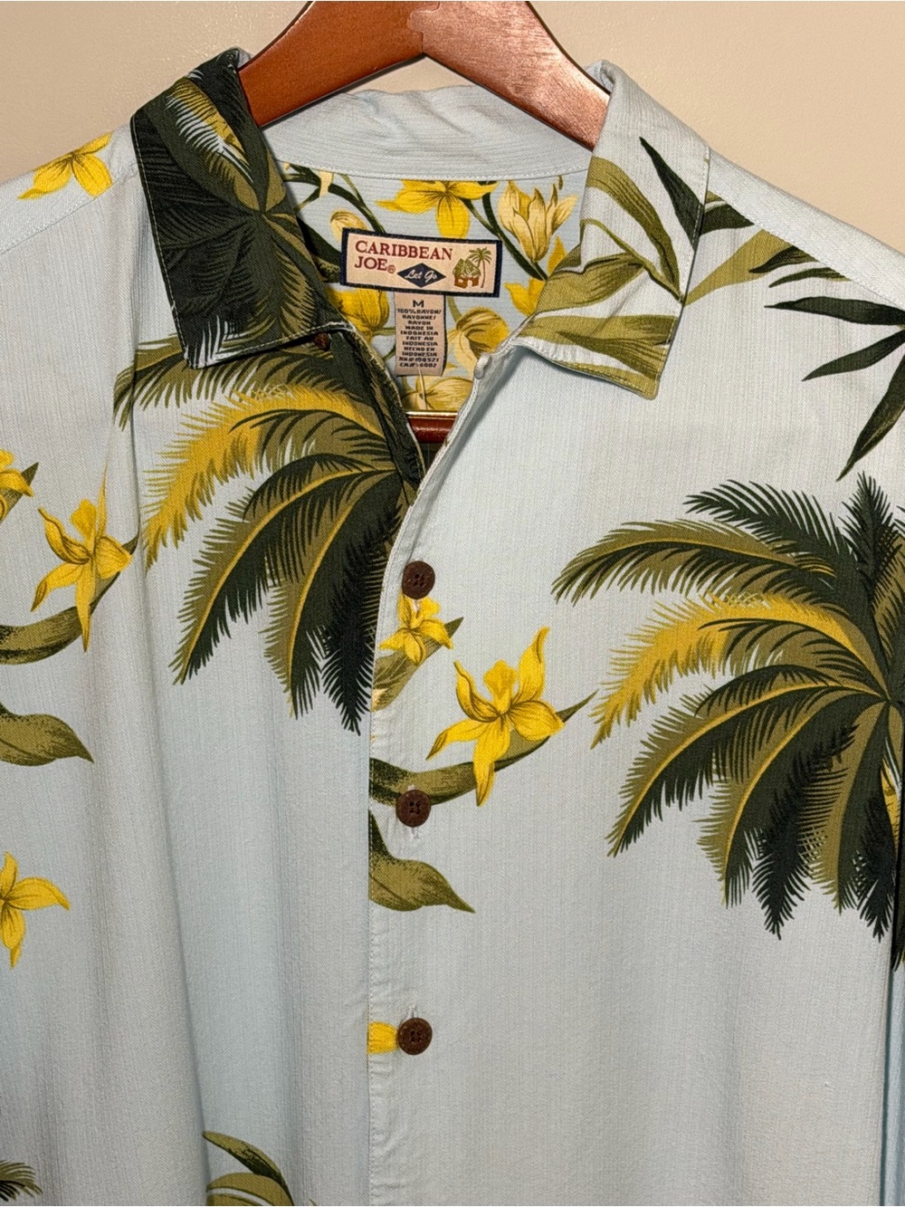 Caribbean Joe Island Style light  Blue Short-Sleeve Palm & Yellow Floral Shirt